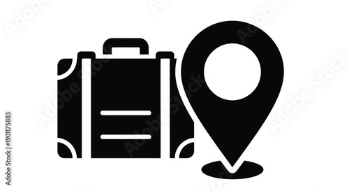 Black silhouette icons of a suitcase and location pin travel themed