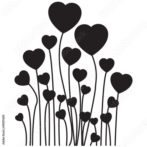 Billede på lærred Black silhouette of heart shaped flowers isolated on white background