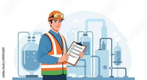 Industrial safety inspector assessing chemical plant operations with checklist for compliance safety measures