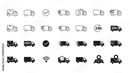 delivery trucks for logistics and shipping. Icons for fast, free, 24-hour, and tracked parcel transport, in outline and solid styles