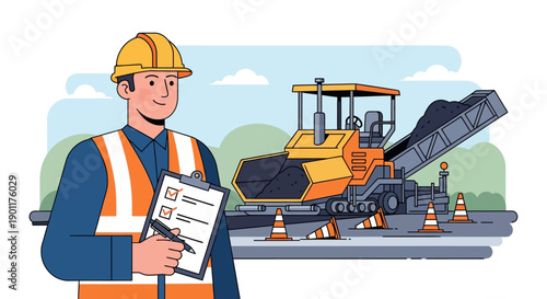 Construction worker inspecting road construction site with large paving machine during daytime