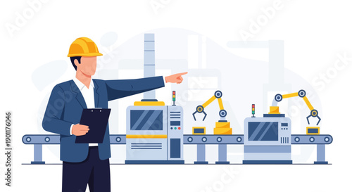 industrial automation engineer overseeing robotic assembly line manufacturing process in modern factory setting with safety