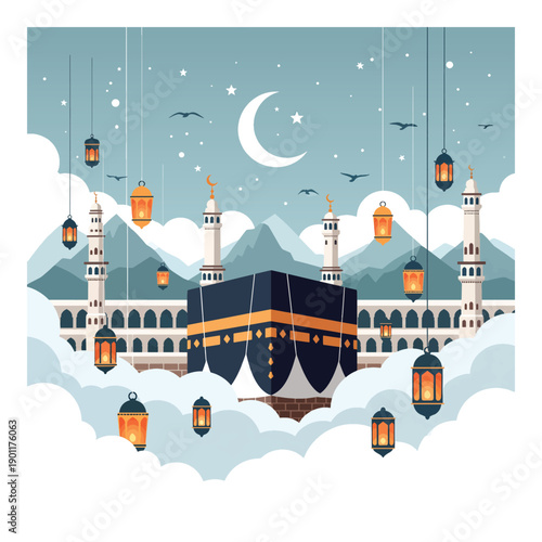 Holy Kaaba in Mecca with clouds and lanterns background