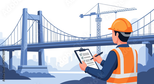 construction site inspection with a civil engineer overseeing bridge construction projects ensuring safety and structural