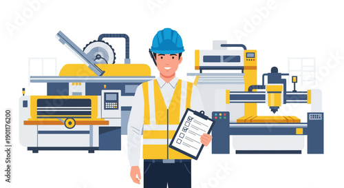 industrial manufacturing technician analyzing equipment processes in automated factory setting with safety gear and digital