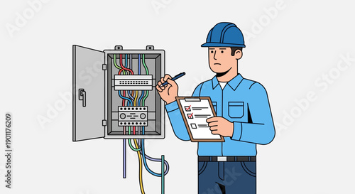 Professional electrician inspecting electrical panel with safety gear and checklist for maintenance or troubleshooting