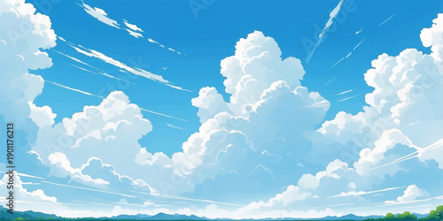 Beautiful blue sky with fluffy white clouds and bright sunlight on a clear summer day creates a stunning natural heaven background view