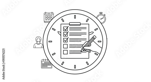 Time management concept with checklist clock and productivity icons in a circular design