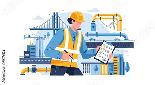 Industrial engineer inspecting infrastructure projects in urban environment with construction and bridge background