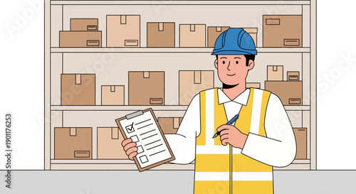 warehouse worker inspecting inventory with checklist in a storage facility