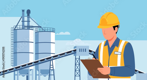 Industrial worker in safety gear monitoring production line and infrastructure at a modern factory facility in a detailed