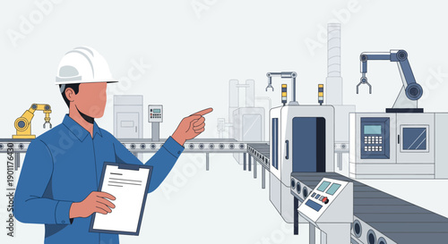 Factory Worker Oversees Automated Manufacturing Line with Robotic Arms