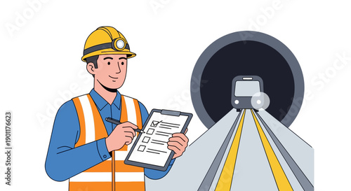 Safety Inspector Checking Track Conditions Near Tunnel Entrance