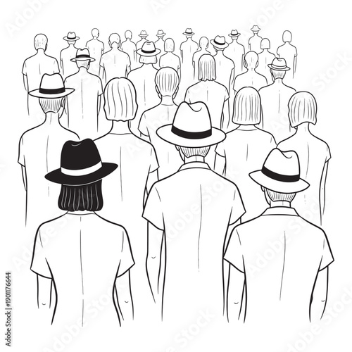 Crowd of people back view line art drawing