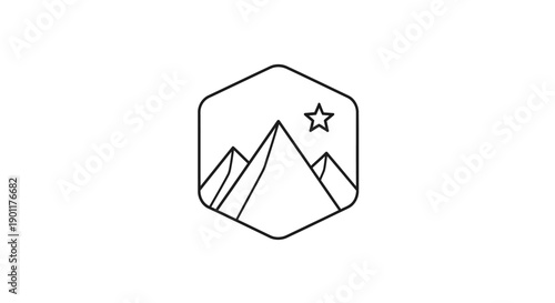 Mountain range with star icon.