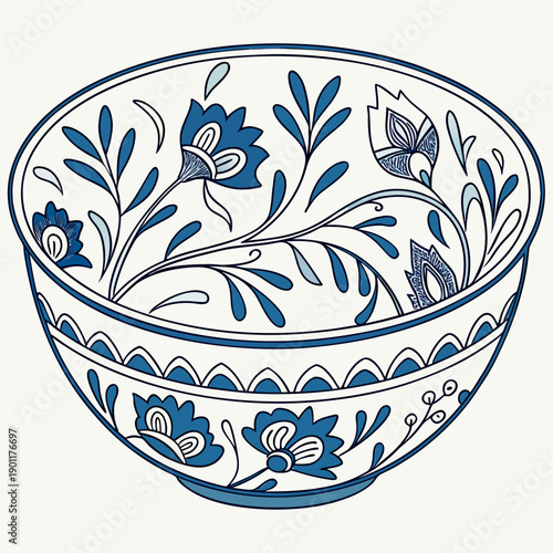 Minimal hand-drawn ceramic bowl with blue floral patterns,