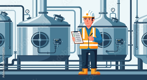 Industrial Worker Inspecting Machinery in Factory Setting