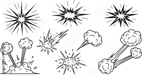 Hand drawn vector set of comic style explosions starbursts and smoke clouds for action graphic design manga illustration and motion effect elements.