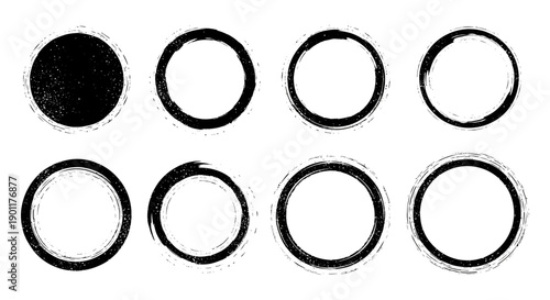 A collection of eight hand-drawn black ink circles with a distressed texture, presented on a white background.