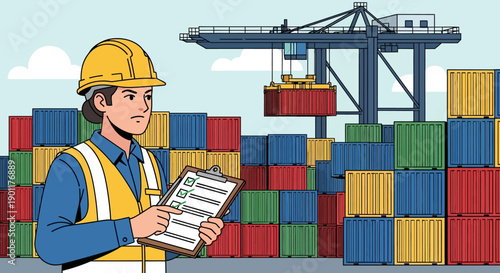 Warehouse Supervisor Monitoring Shipping Containers at Port