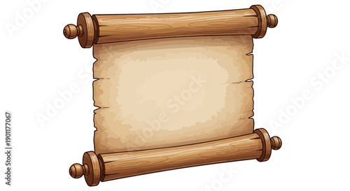 An old, weathered parchment scroll with wooden rollers, ready for writing.