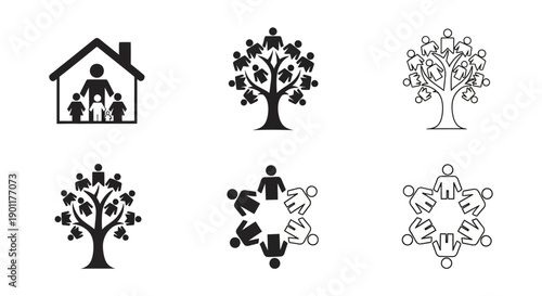 A collection of six black and white icons representing family, community, and unity.