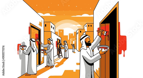 Men in traditional white thobes and headscarves are painting doors red in a sun-drenched Middle Eastern alleyway.