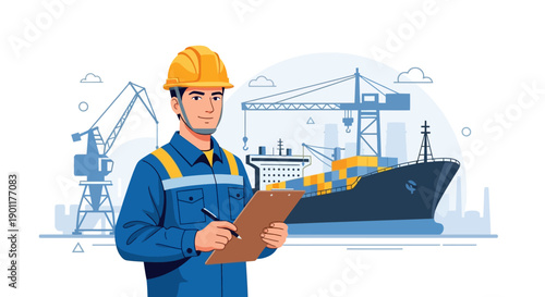 Construction Worker Standing with Clipboard at Dockyard with Ship and Cranes