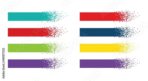 Eight colorful horizontal bars with a gradient effect of dissolving particles on the right side.