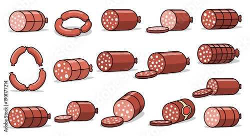 A collection of various types of sausages, including whole links, sliced pieces, and ring shapes, presented in a flat illustration style.
