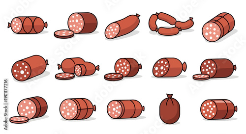 A collection of various types of sausages, including sliced and whole links, presented in a flat illustration style.