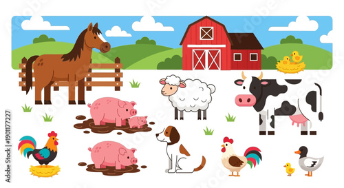 A vibrant and colorful illustration of a farm scene featuring various farm animals, a red barn, and rolling green hills under a blue sky with clouds.