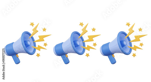 Three blue and white megaphones with yellow lightning bolts and stars emanating from them, symbolizing announcements or alerts.