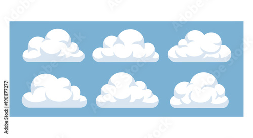 A collection of six fluffy white cumulus clouds against a clear blue sky background.