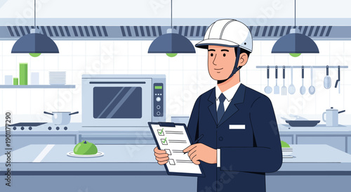 Professional Male Chef Reviewing Checklist in Modern Kitchen