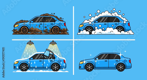A four-panel illustration showing the process of washing a blue car, from dirty to sparkling clean.