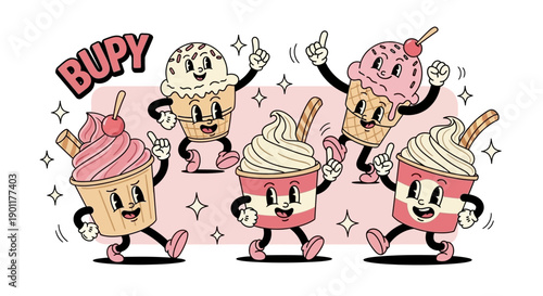 A group of cheerful, anthropomorphic ice cream cones and cups dancing joyfully with sparkling backgrounds.
