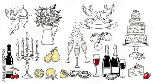 A collection of hand-drawn illustrations depicting elements associated with celebrations, romance, and fine dining, including a wedding cake, champagne, wine, flowers, and romantic symbols.