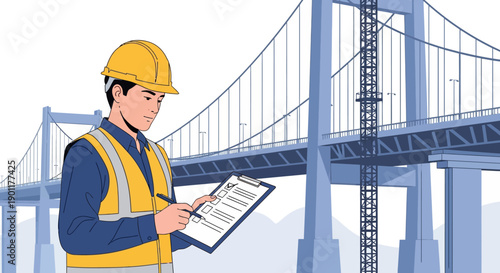Construction Engineer Checking Plans Near Bridge Infrastructure