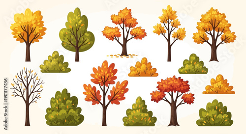 A collection of stylized autumn trees and bushes in various colors and shapes, set against a light background.