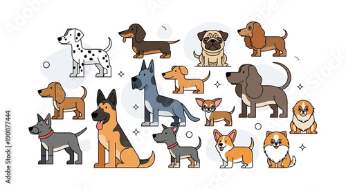 A diverse collection of cartoon dogs of various breeds and sizes, presented in a playful and colorful illustration.