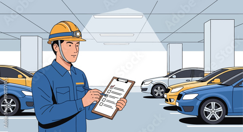 Car Inspector Evaluating Vehicles in an Indoor Parking Garage