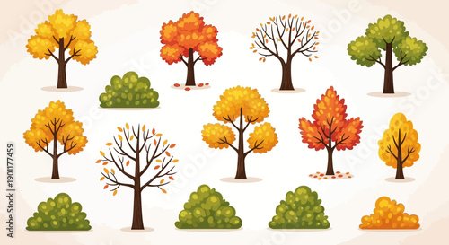 A collection of stylized trees and bushes in various autumn colors and bare branches, set against a soft, gradient background.