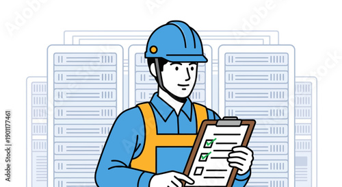Data Center Technician Inspecting Servers with Clipboard