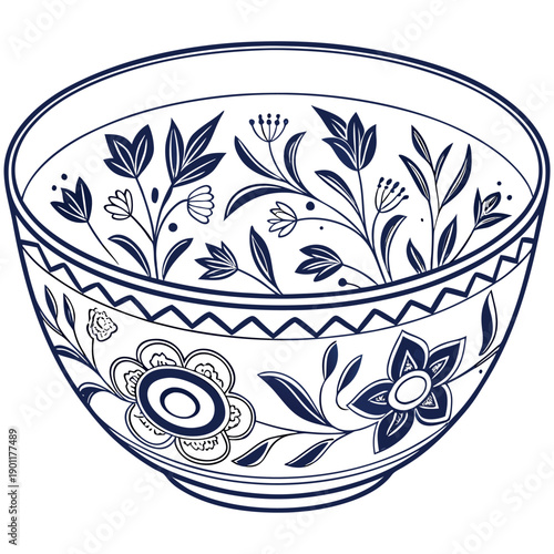 Minimal hand-drawn ceramic bowl with blue floral patterns,