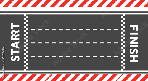 An overhead view of a grey race track with distinct start and finish lines, featuring three lanes and striped borders.