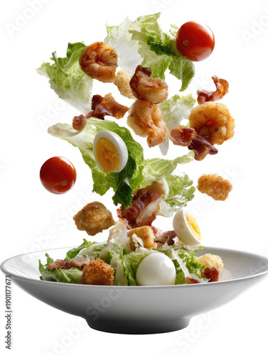 Dynamic salad with lettuce, shrimp, bacon, eggs, tomatoes, croutons falling into bowl