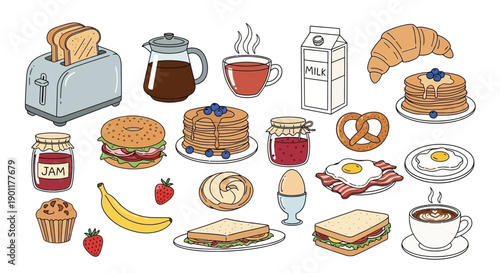 A detailed illustration of various breakfast foods and drinks, including toast, coffee, milk, pancakes, eggs, bacon, fruit, and sandwiches.