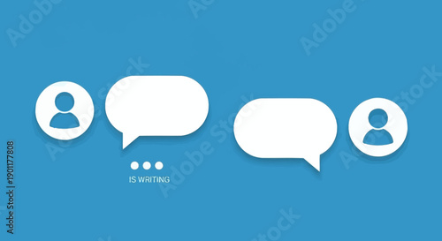 Two user avatars and speech bubbles on a blue background, representing a chat interface with one user typing.