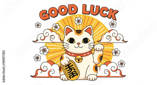 A cute cartoon Maneki-neko beckoning cat illustration with "GOOD LUCK" text, surrounded by clouds and a sunburst, symbolizing good fortune and prosperity.
